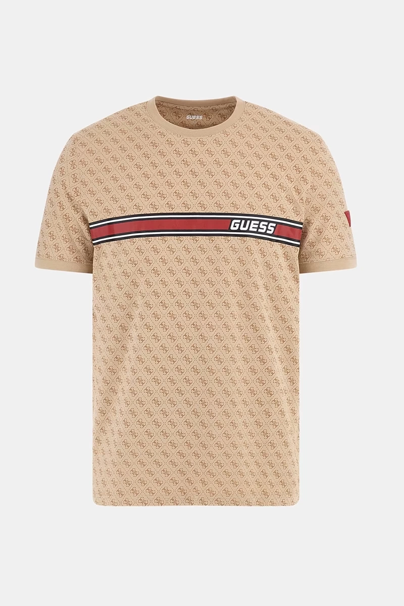 Guess Erkek Bej  Bisiklet Yaka Desenli T-Shirt