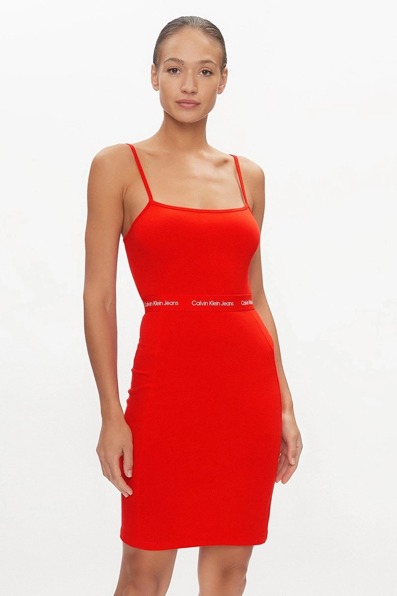 Calvin Klein Kadın Logolu Rahat Günlük Kırmızı Elbise