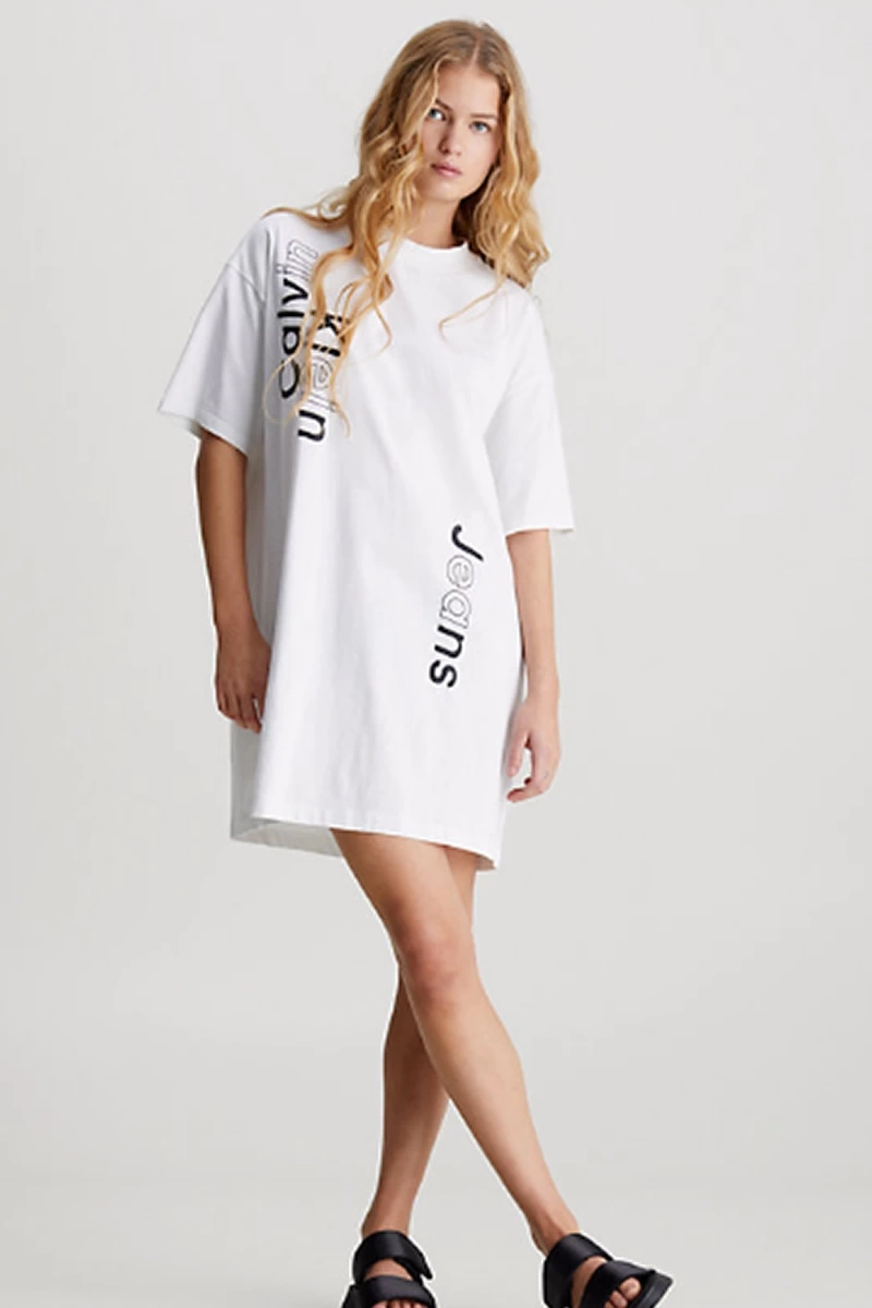 Calvin Klein Multi Placement Logolu Beyaz Elbise
