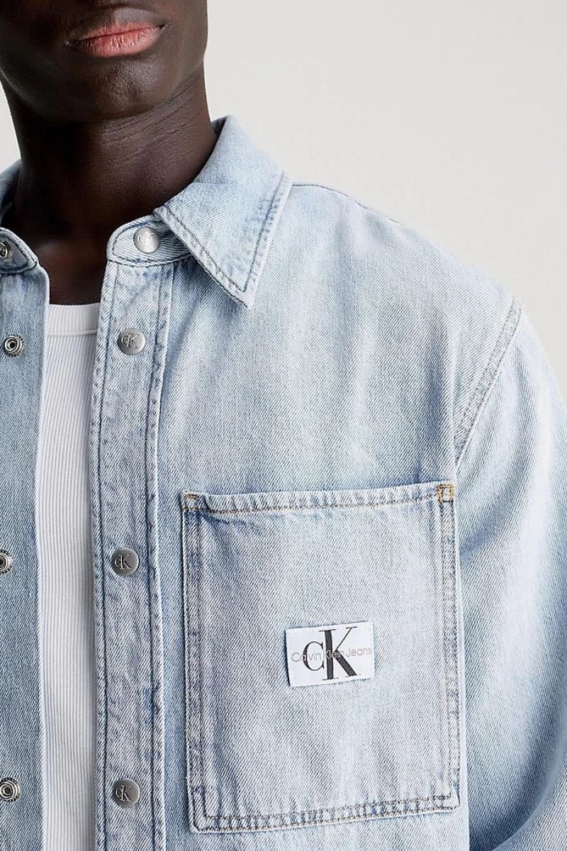 Calvin Klein Erkek Logolu Düğmeli Mavi Gömlek