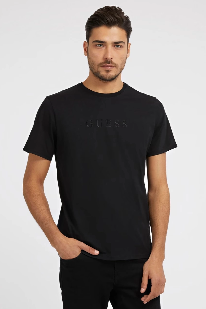 Guess Erkek Siyah Logo İşlemeli T-Shirt