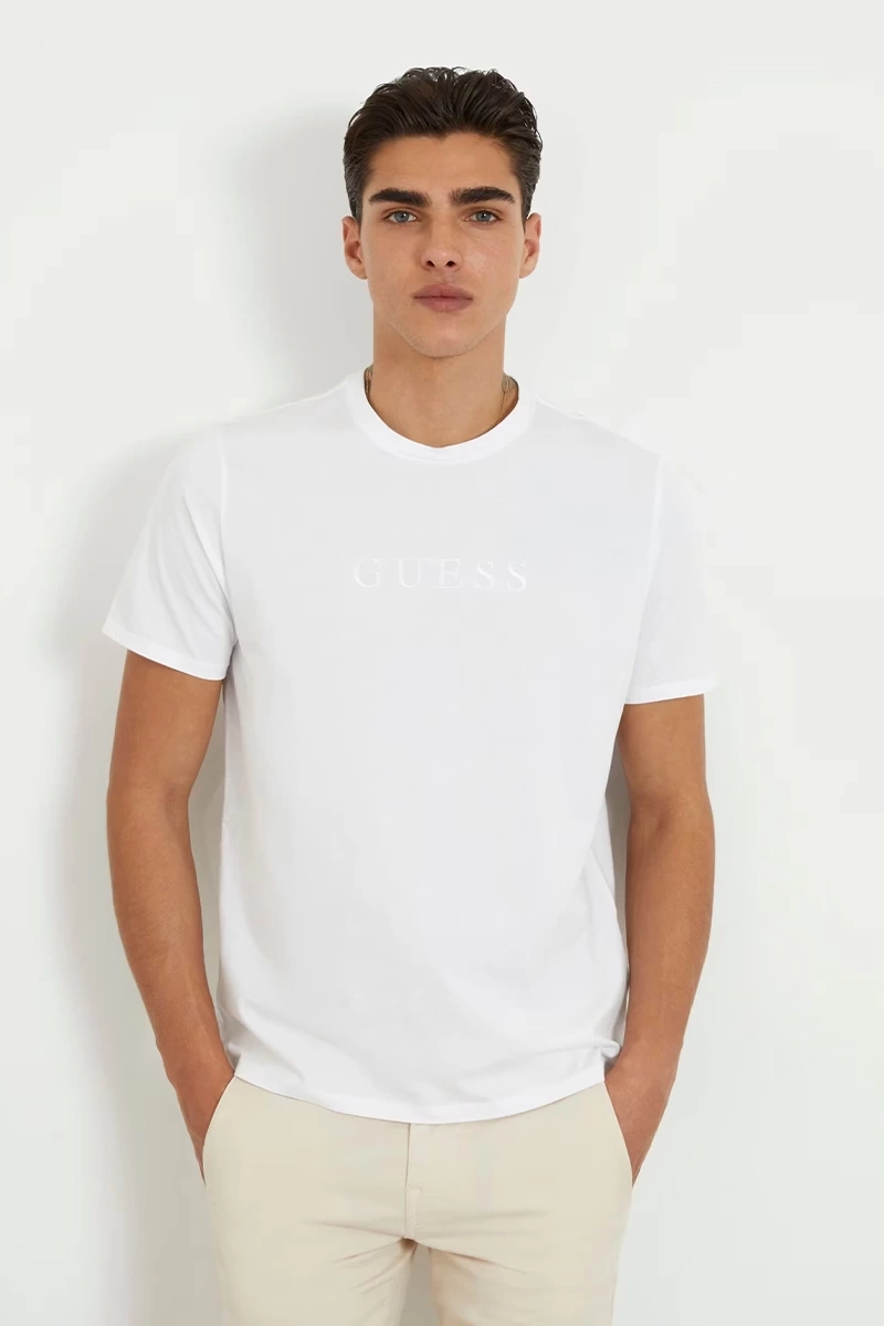 Guess Erkek Beyaz  Logo  İşlemeli T-Shirt