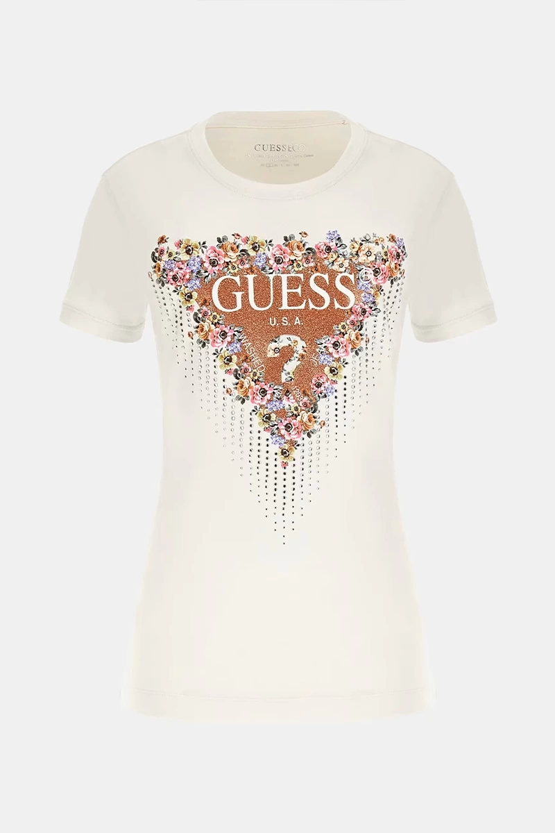 Guess Kadın Çiçek Üçgen Logolu Stretch Ekru T-Shirt