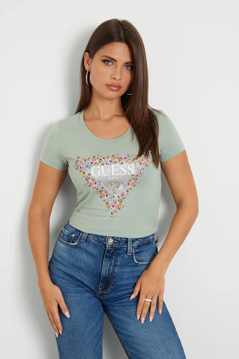 Guess Kadın Çiçek Üçgen Logolu Stretch Yeşil T-Shirt