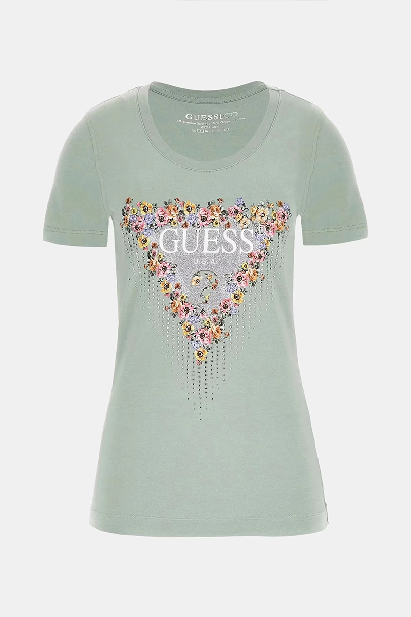 Guess Kadın Çiçek Üçgen Logolu Stretch Yeşil T-Shirt