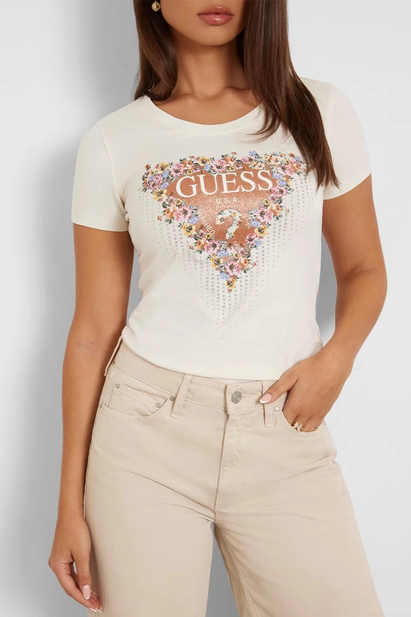 Guess Kadın Çiçek Üçgen Logolu Stretch Ekru T-Shirt