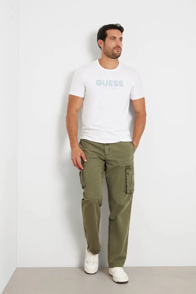 Guess Erkek  Beyaz Önü Logolu  Sterch T-Shirt