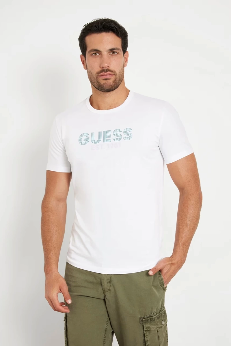 Guess Erkek  Beyaz Önü Logolu  Sterch T-Shirt