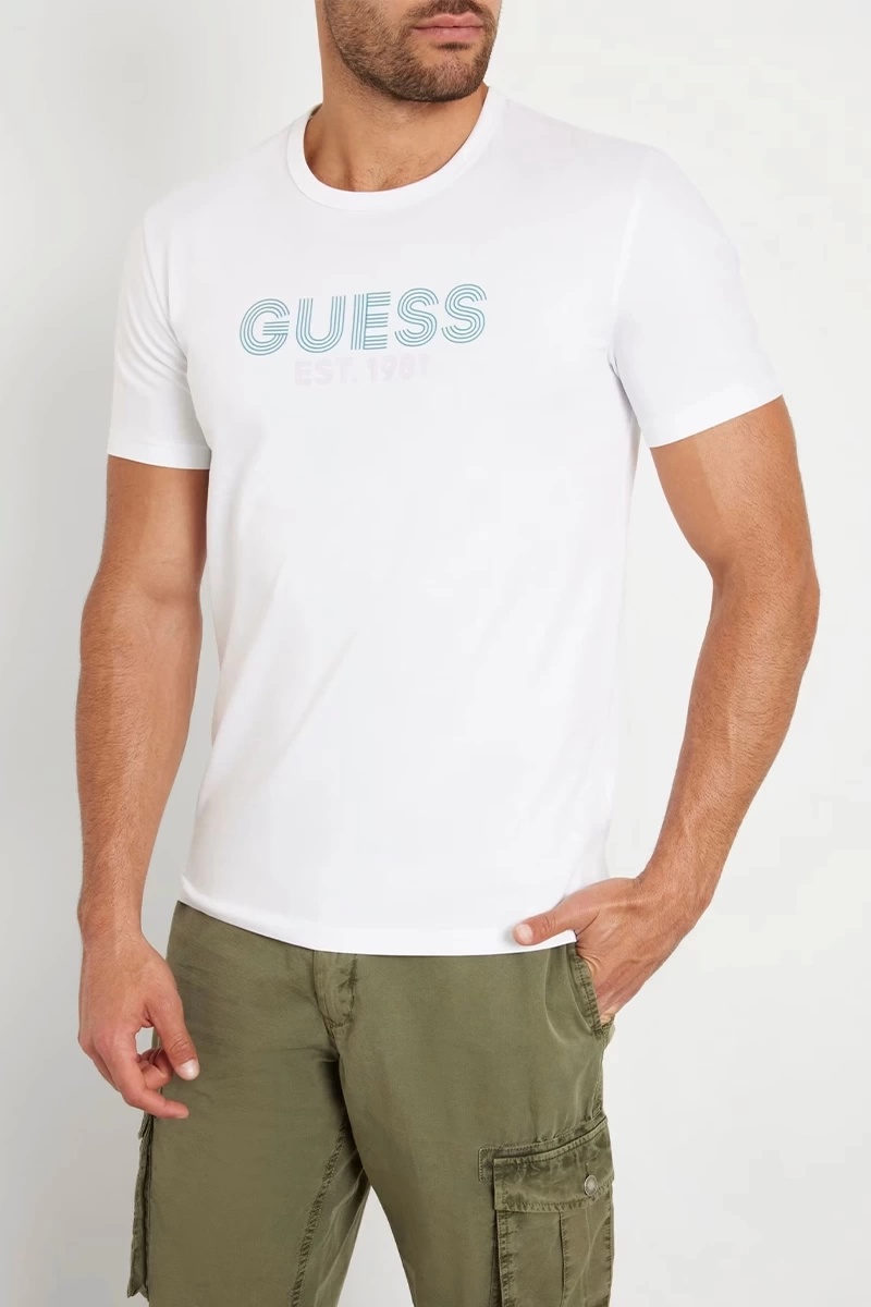 Guess Erkek  Beyaz Önü Logolu  Sterch T-Shirt