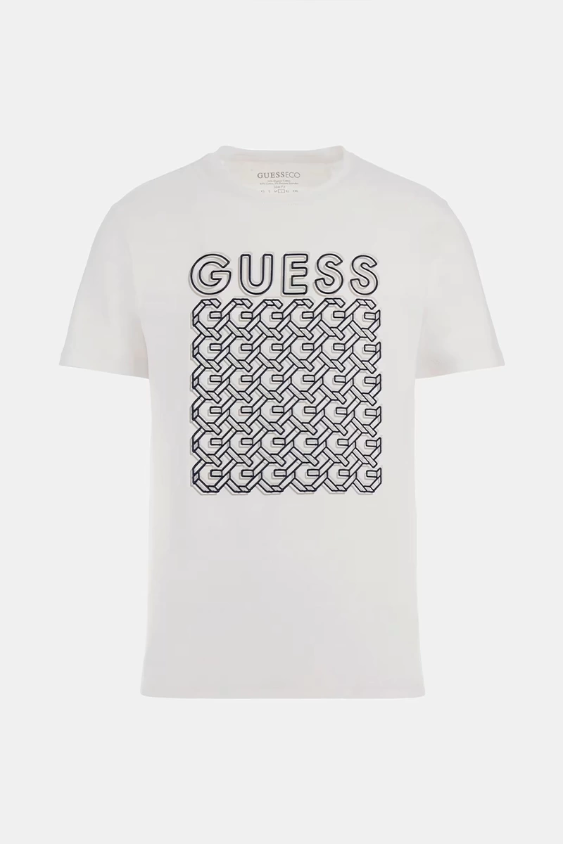 Guess Erkek Beyaz Önü Logolu Sterch T-Shirt