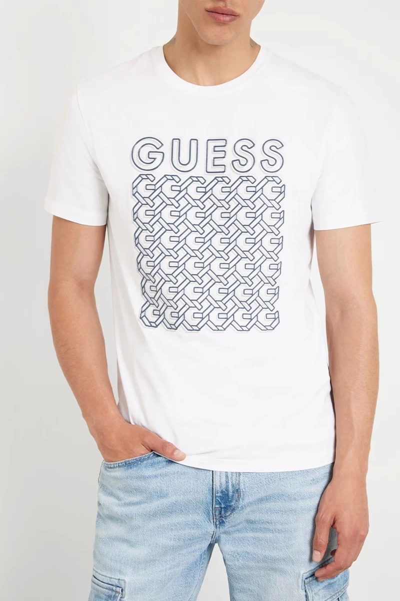 Guess Erkek Beyaz Önü Logolu Sterch T-Shirt