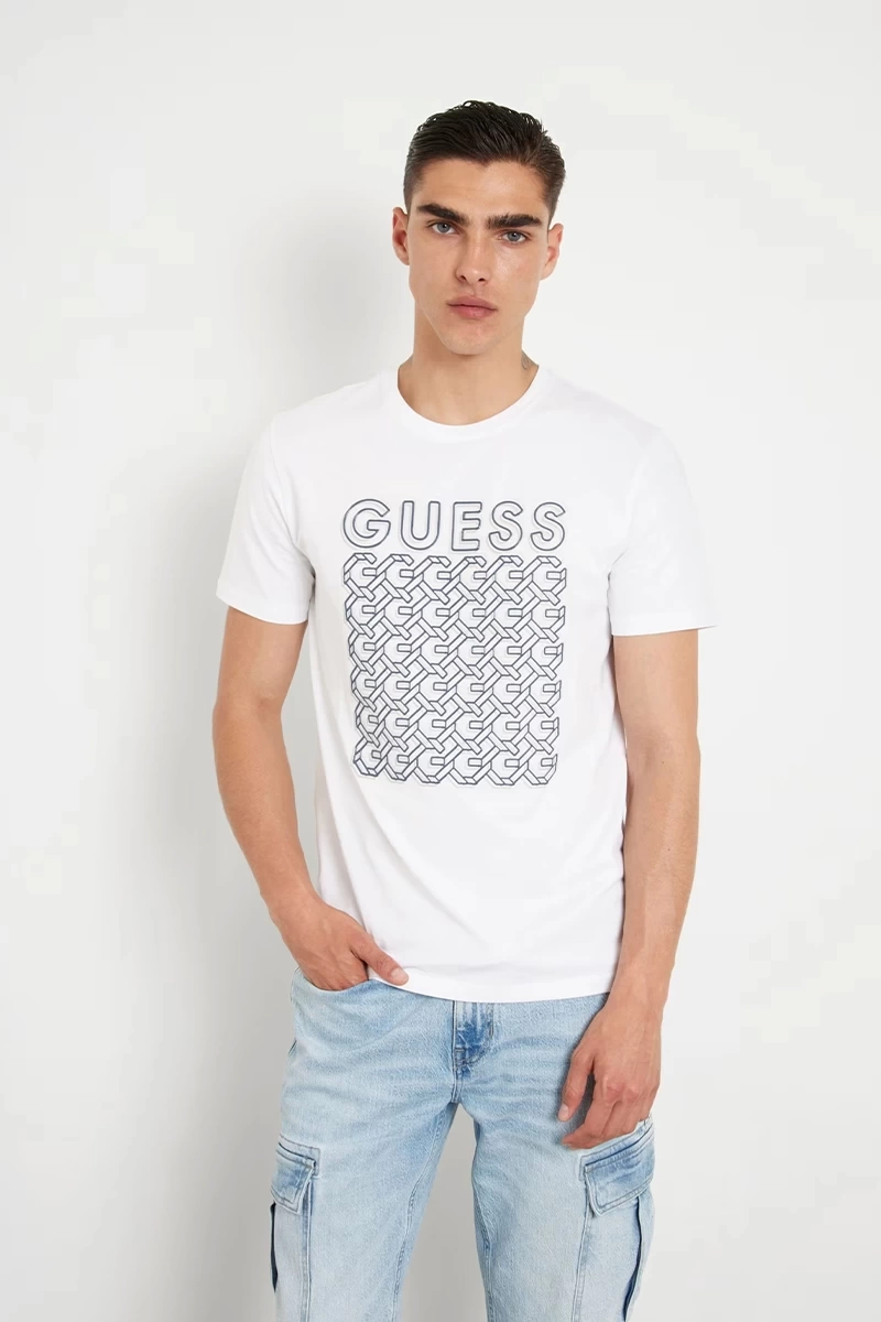 Guess Erkek Beyaz Önü Logolu Sterch T-Shirt