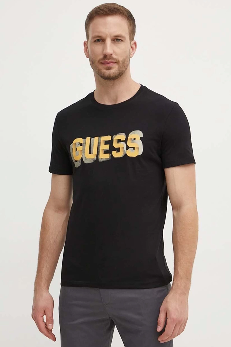 Guess Erkek Önü Logolu Siyah T-Shirt