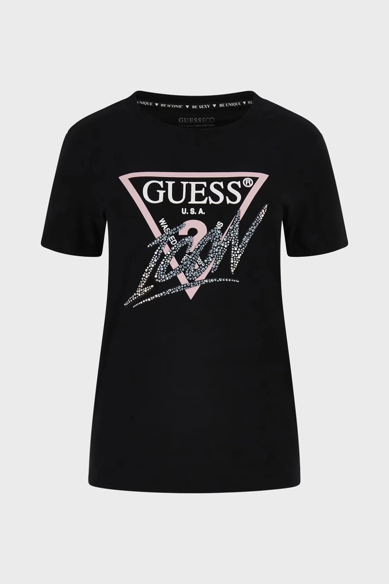 Guess Kadın Üçgen Logolu Siyah T-Shirt