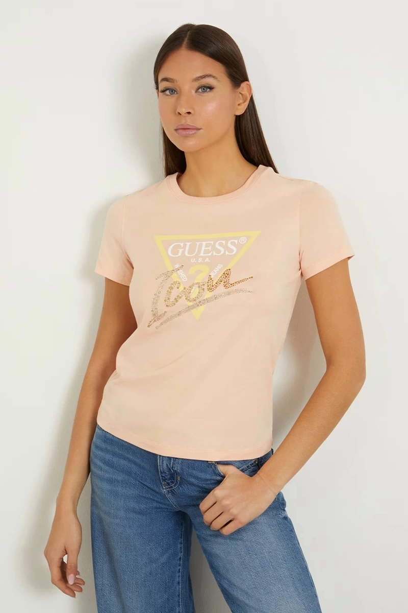 Guess Kadın Üçgen Logolu Açık Pembe T-Shirt