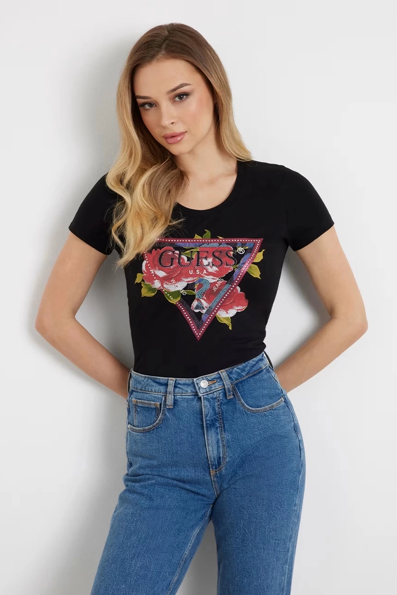 Guess Kadın Çiçek Logolu Esnek Siyah T-Shirt