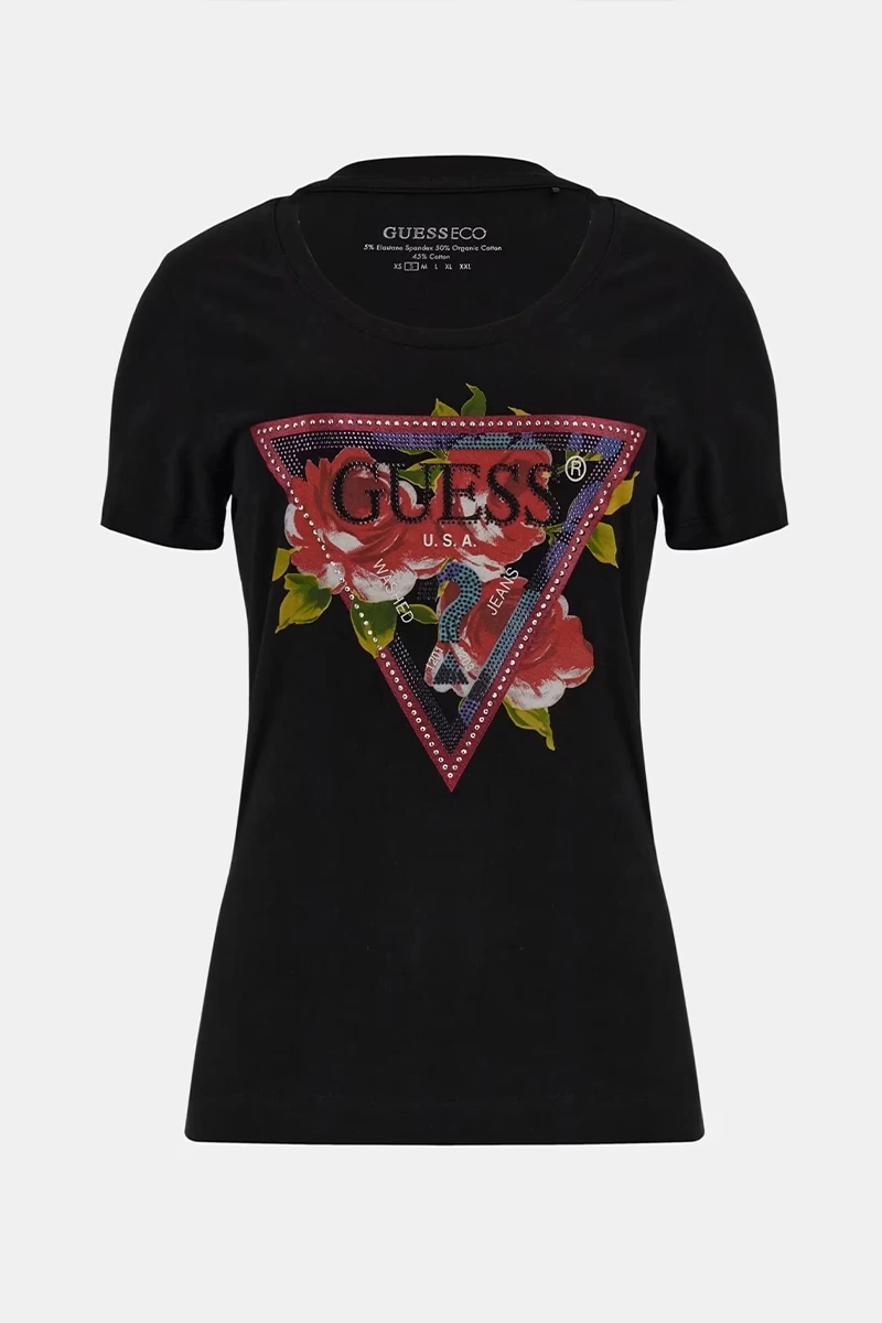 Guess Kadın Çiçek Logolu Esnek Siyah T-Shirt