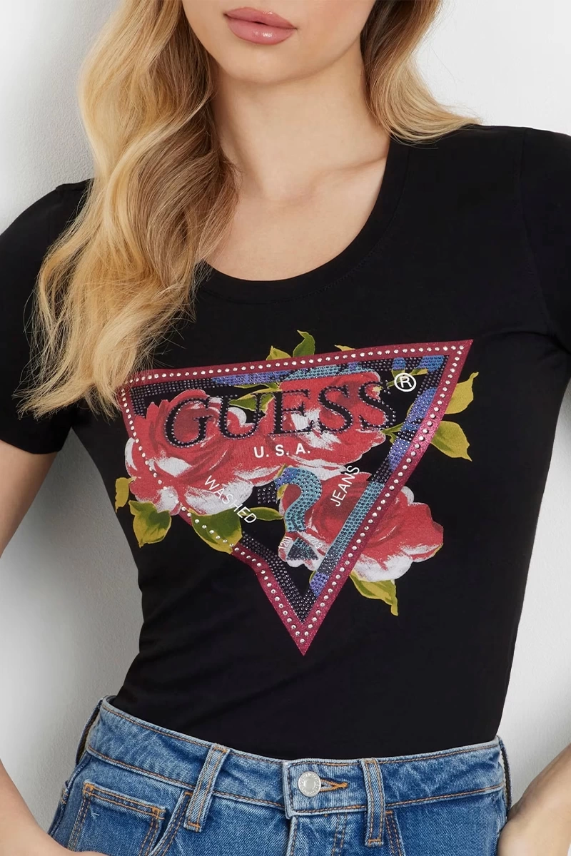 Guess Kadın Çiçek Logolu Esnek Siyah T-Shirt