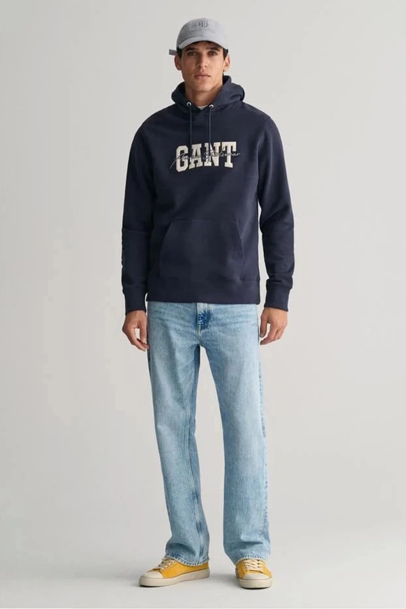 GANT Erkek Lacivert Regular Fit Kapüşonlu Logolu Sweatshirt