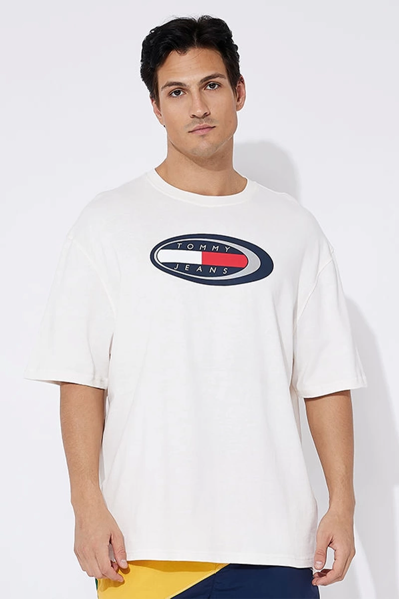 Tommy Hilfiger Erkek Logo Detaylı Kısa Kollu Beyaz T-Shirt