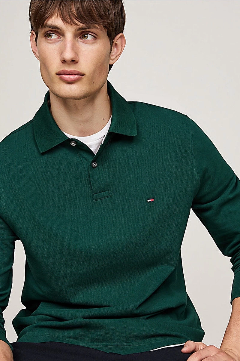 Tommy Hilfiger Erkek Uzun Kollu Polo Yaka Yeşil Sweatshirt