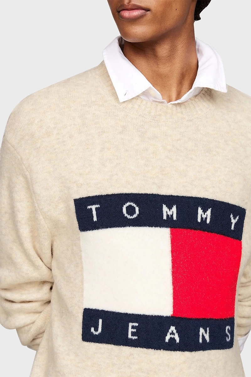 Tommy Hilfiger Erkek Yünlü Krem Melanj Kazak