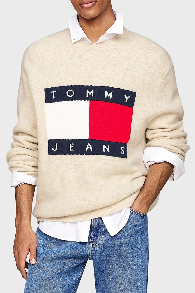 Tommy Hilfiger Erkek Yünlü Krem Melanj Kazak