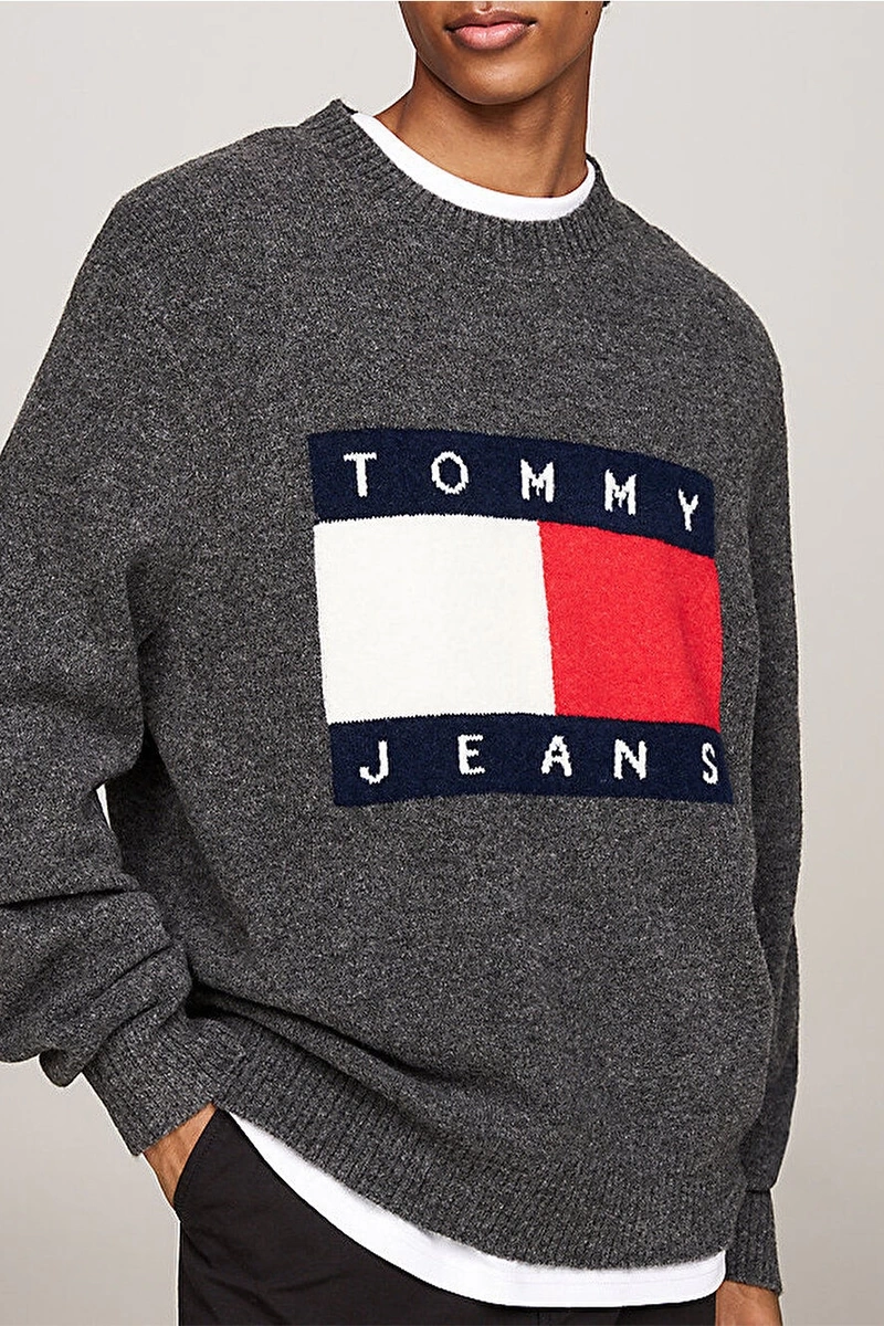 Tommy Hilfiger Erkek Yünlü Siyah Melanj Kazak