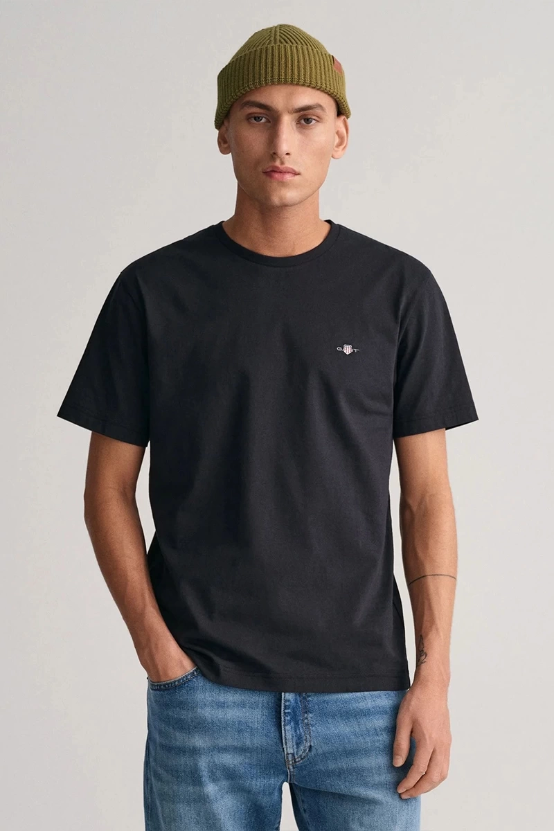 GANT Erkek Siyah Regular Fit Bisiklet Yaka Logolu T-shirt