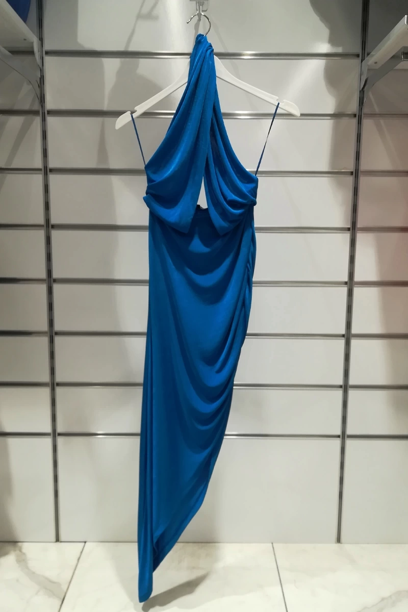 CROSS HALTER SIDE DRAPE GOWN INDIGO BUNTING