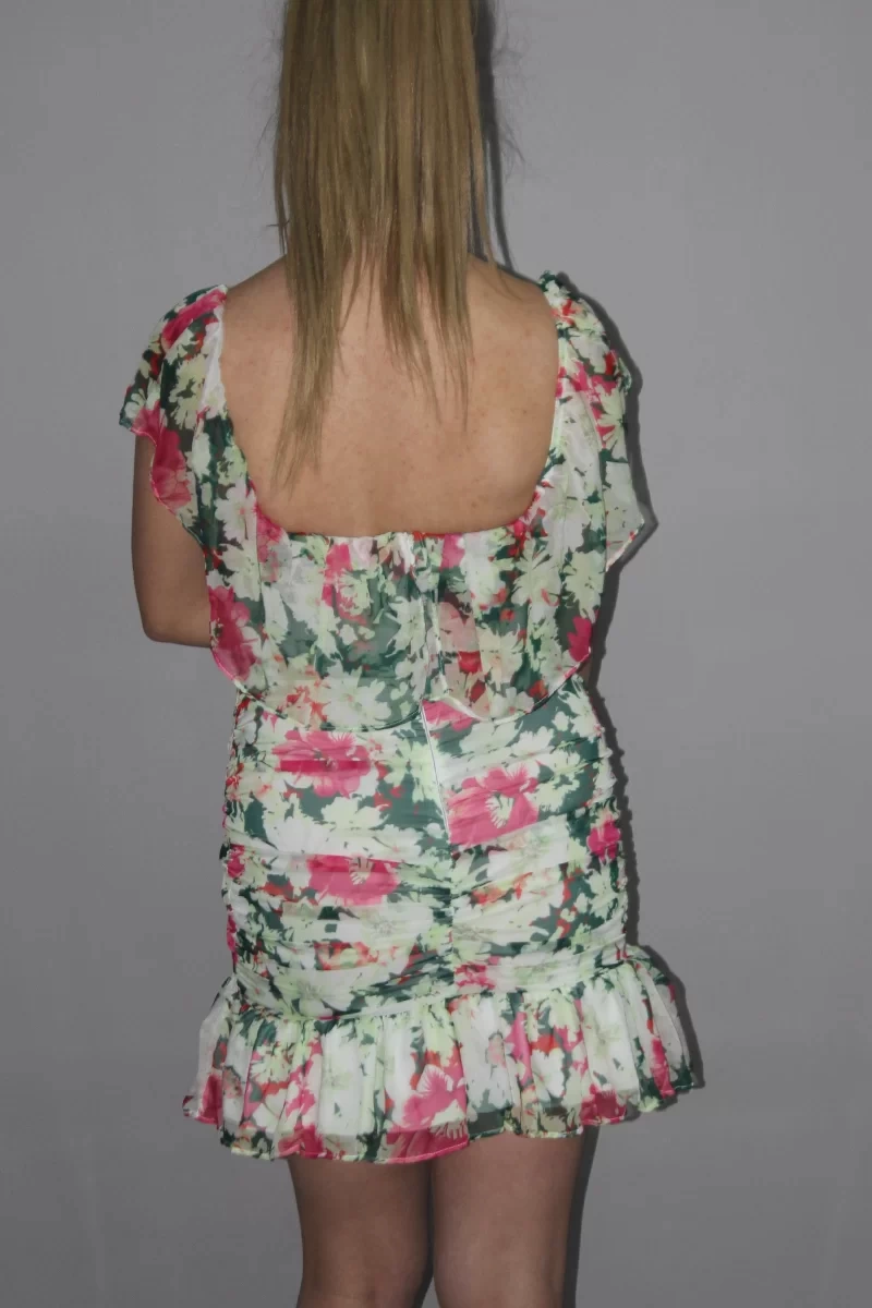 Lamourbutik Çiçekli Fırfırlı Elbise-YEŞİL