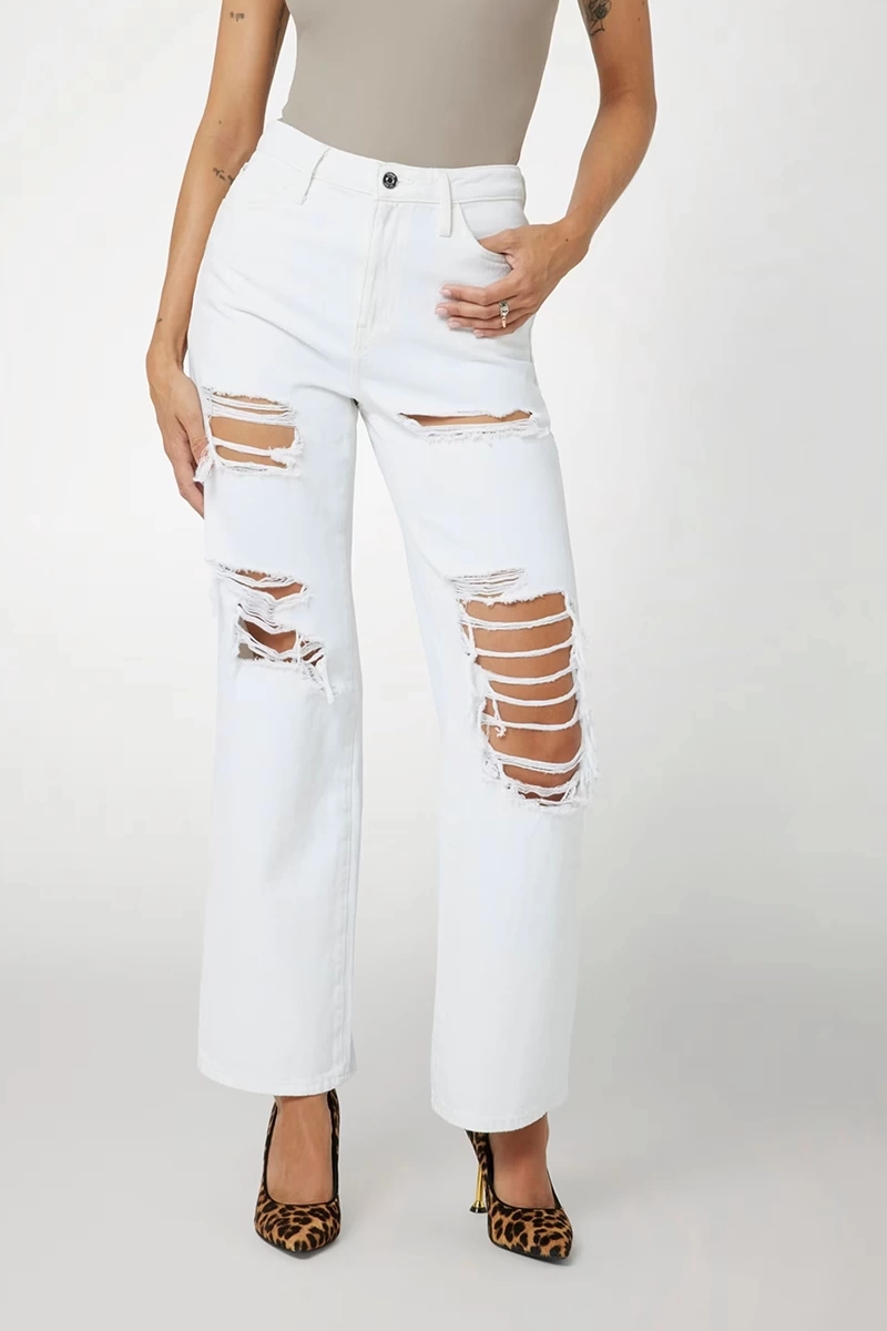 Guess Kadın Eskitilmiş Straight Jean Beyaz Kot Pantolon
