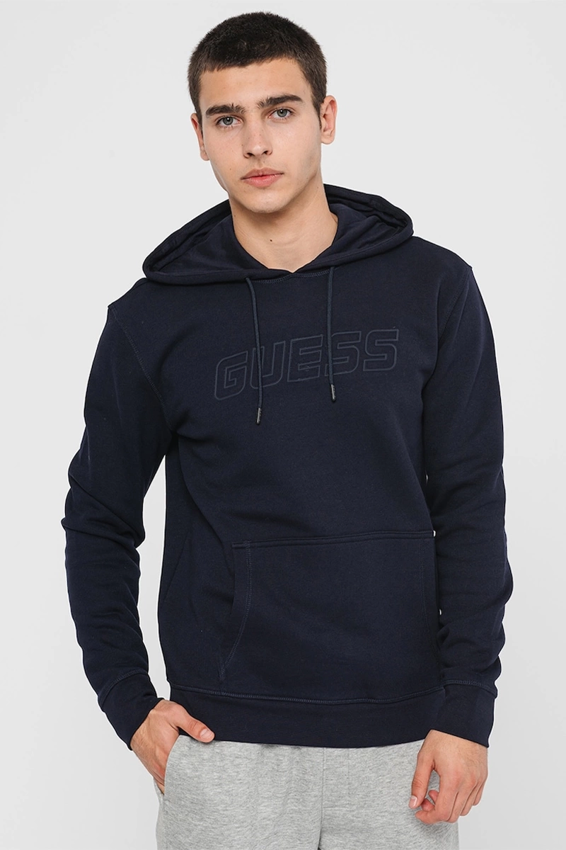 Guess Erkek Aldwin Önü Logolu Kapüşonlu Lacivert Sweatshirt