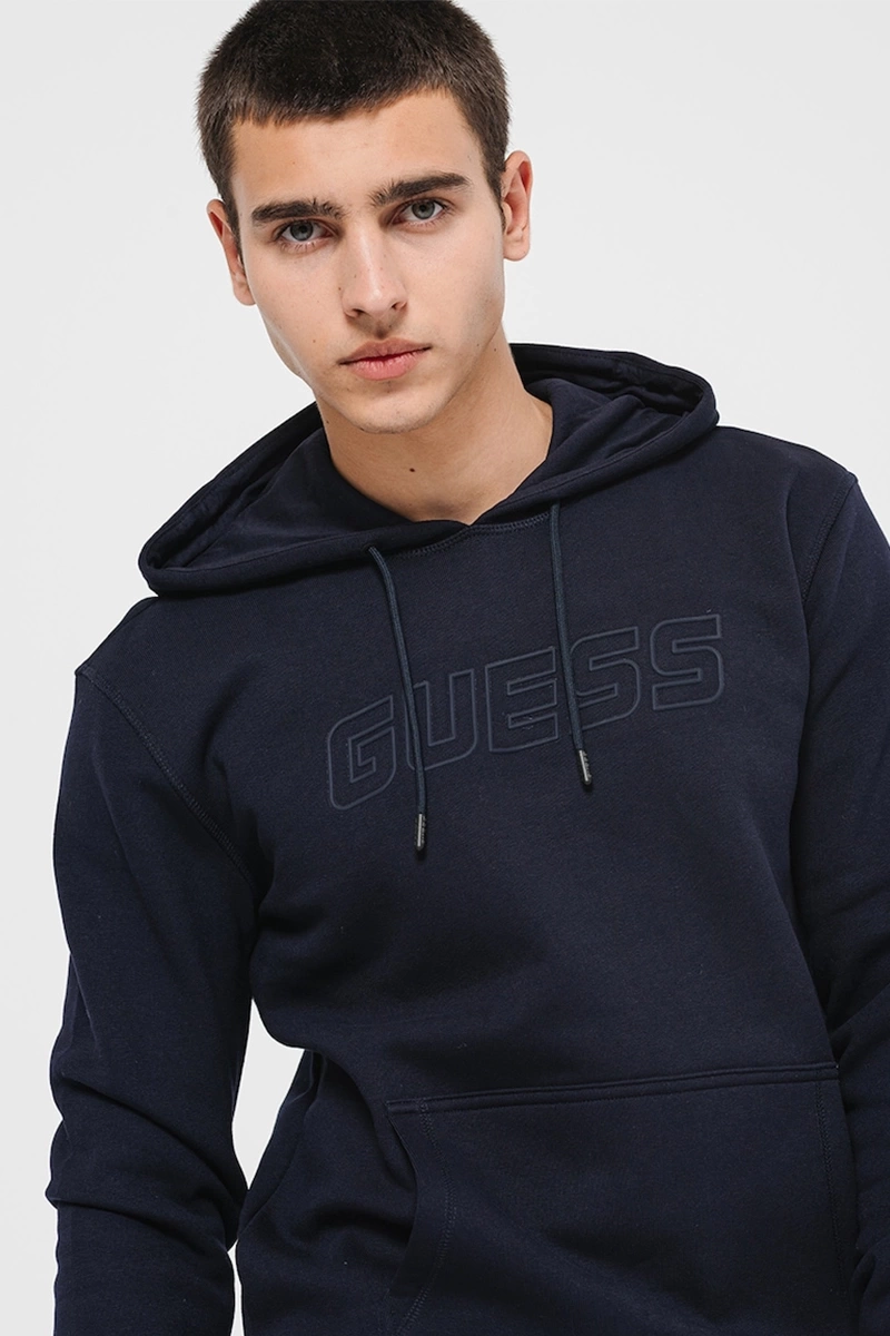 Guess Erkek Aldwin Önü Logolu Kapüşonlu Lacivert Sweatshirt