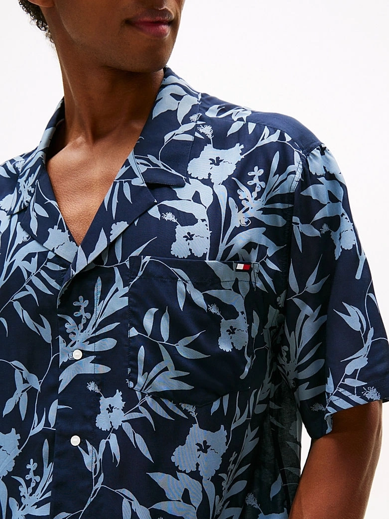 Tommy Hilfiger Erkek Mavi Baskılı Bowling Gömleği