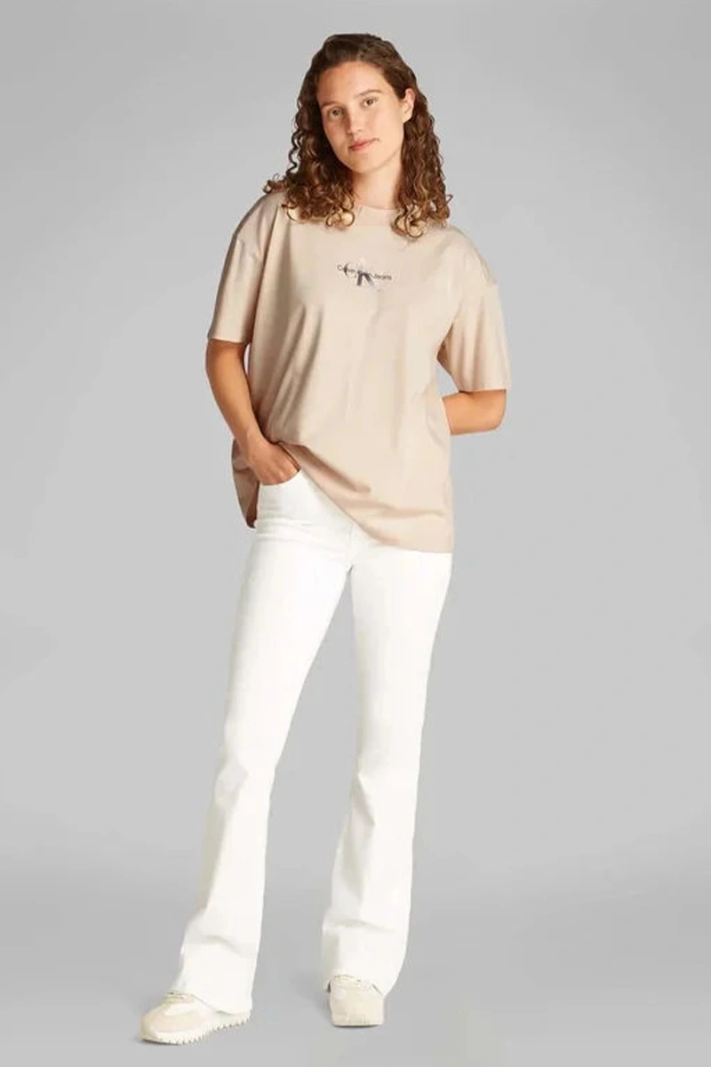Calvin Klein Kadın Logo Baskılı Ekru T-shirt