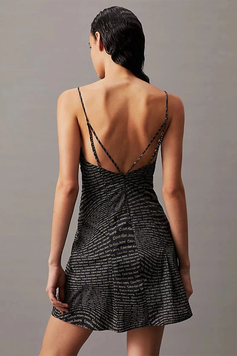 Calvin Klein  Kadın V Yaka Desenli Siyah Kısa Elbise