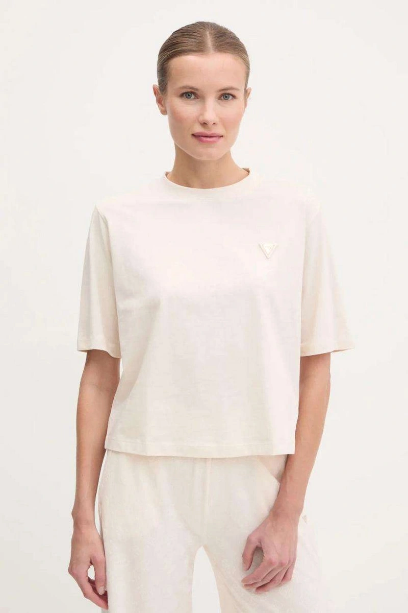 Guess Kadın Krem Logolu T-Shirt
