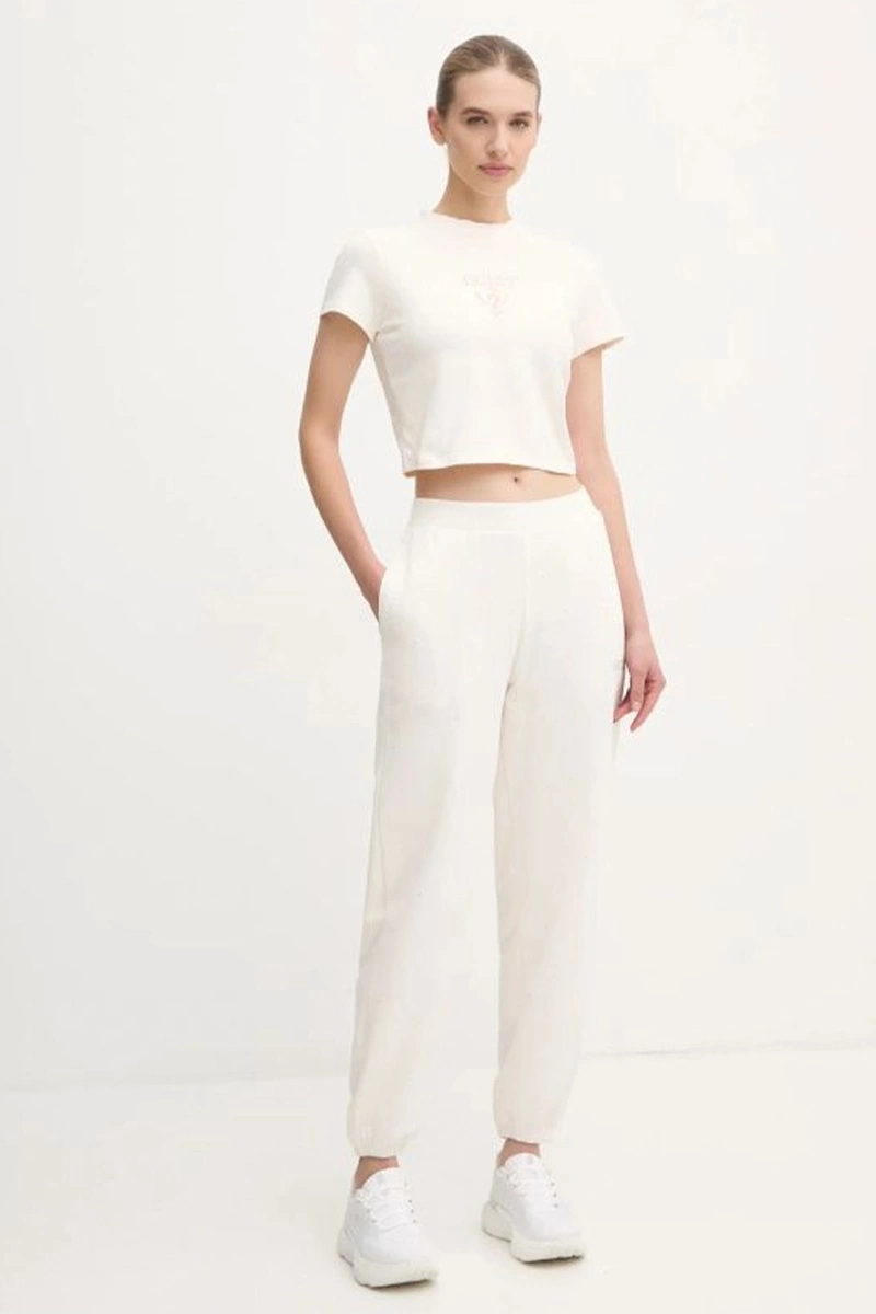 Guess Kadın Krem Logolu Crop T-shirt