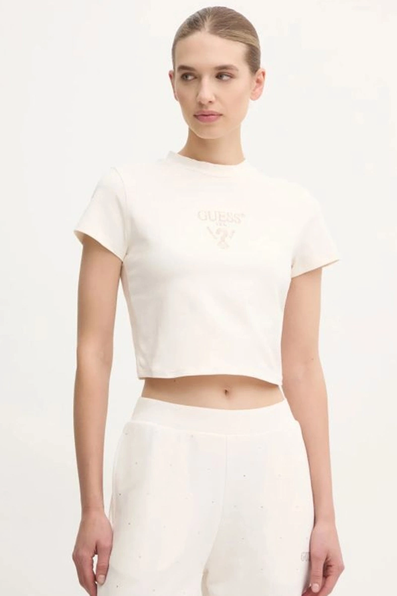 Guess Kadın Krem Logolu Crop T-shirt