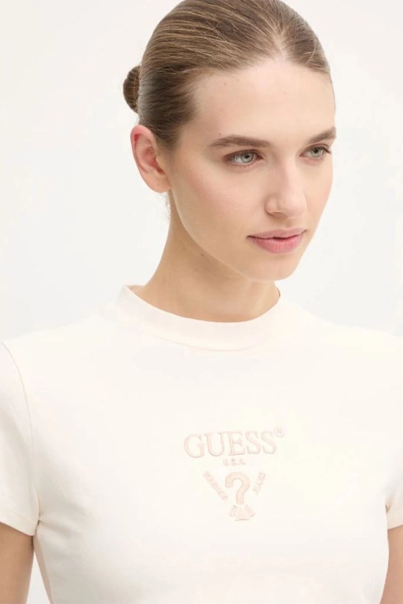 Guess Kadın Krem Logolu Crop T-shirt