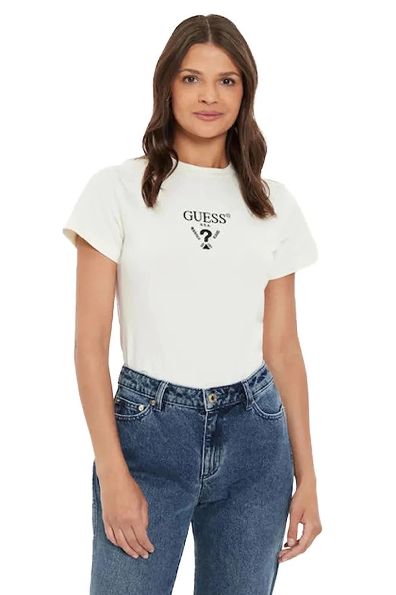 Guess Kadın Siyah Logolu Beyaz T-shirt