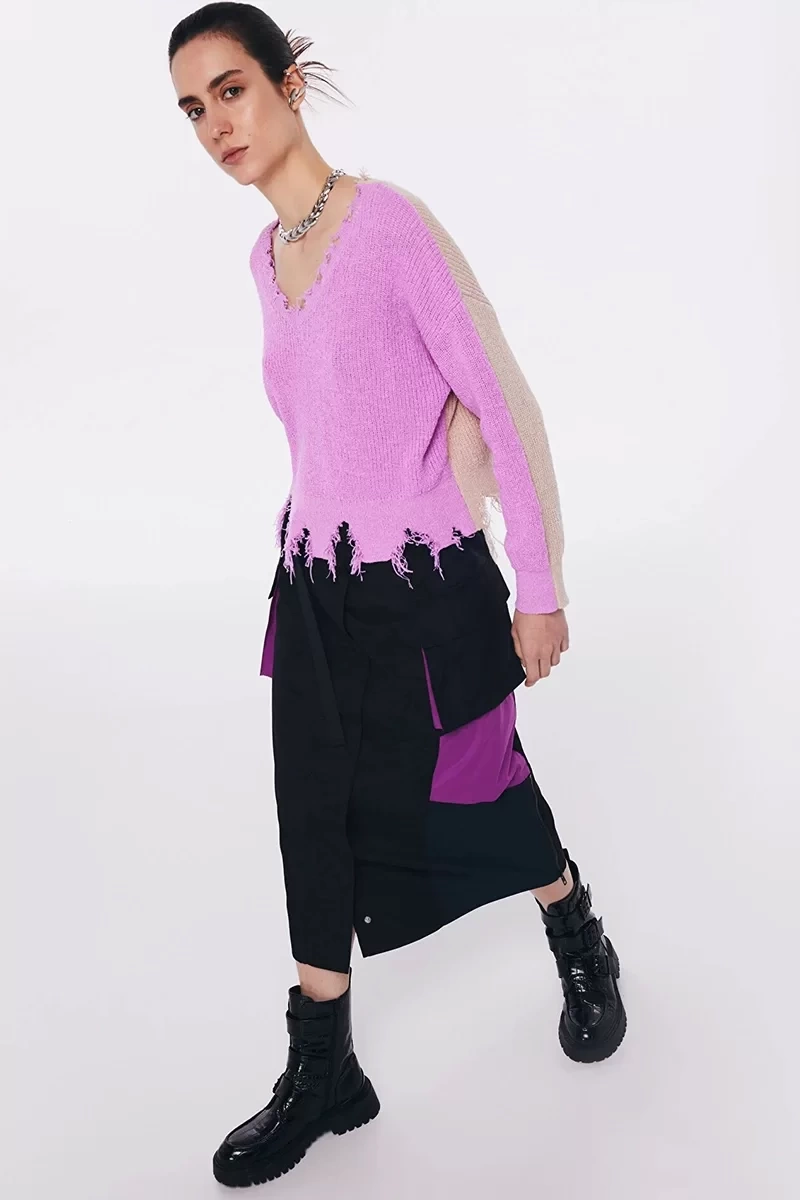 Twist ColorBlock Eskitme Efeketli  Mor Kazak