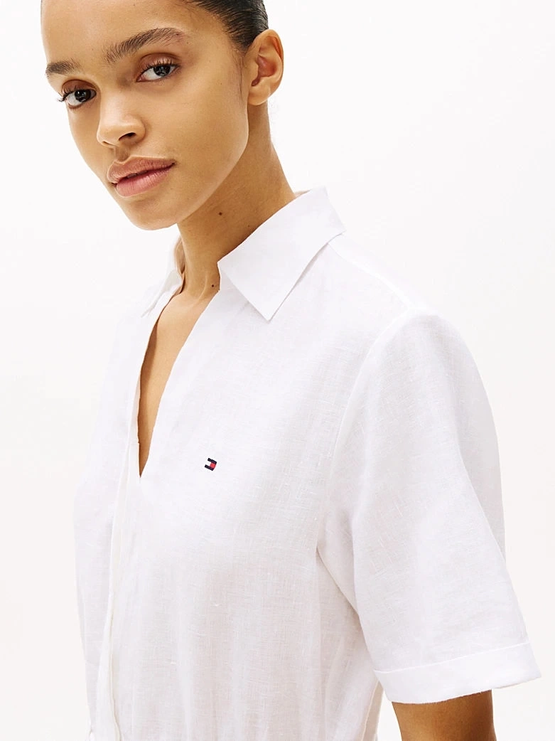 Tommy Hilfiger Kadın Beyaz  Saf Keten Mini Gömlek Elbise