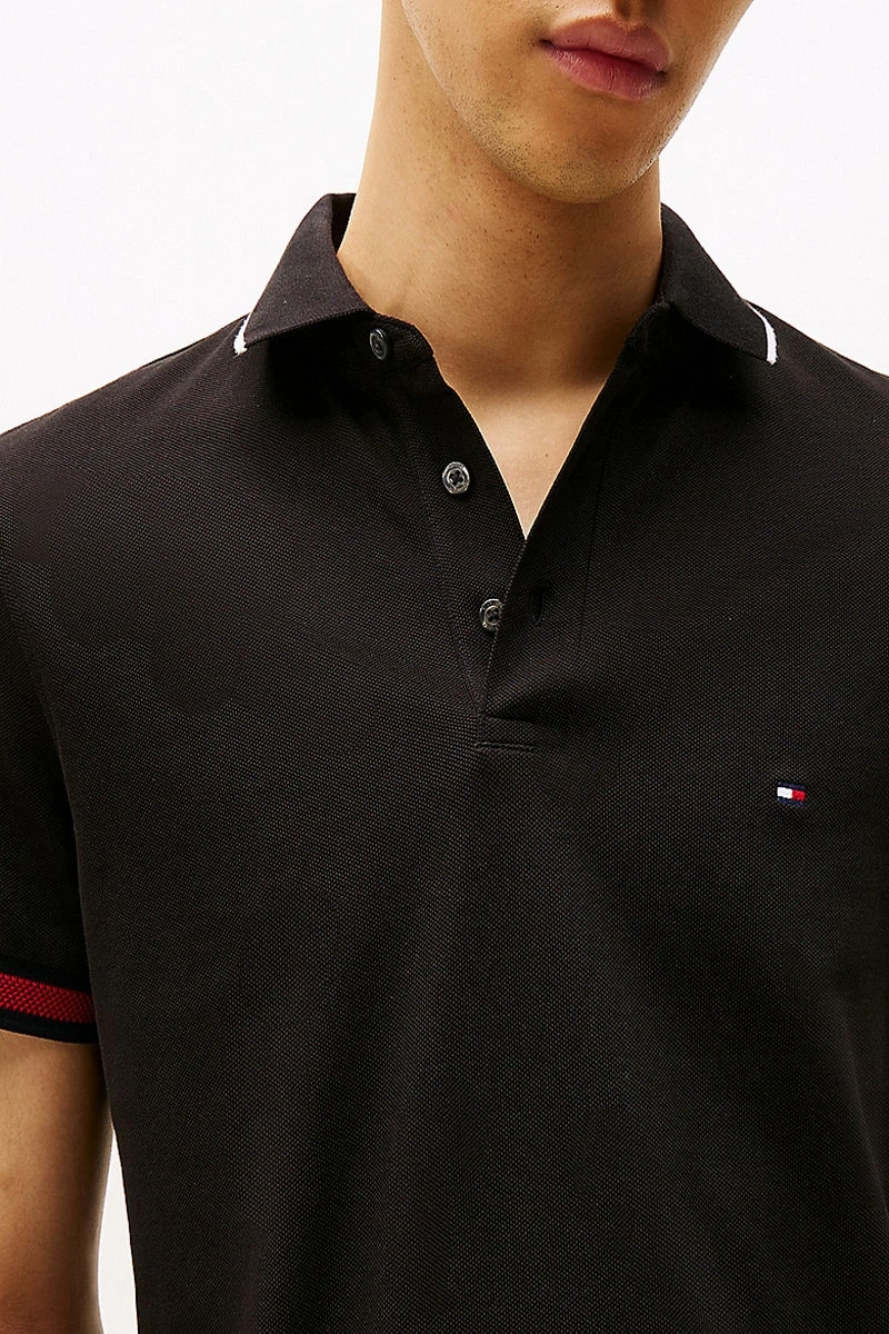 Tommy Hilfiger Erkek  İmza Manşetli   Siyah Polo T-Shirt