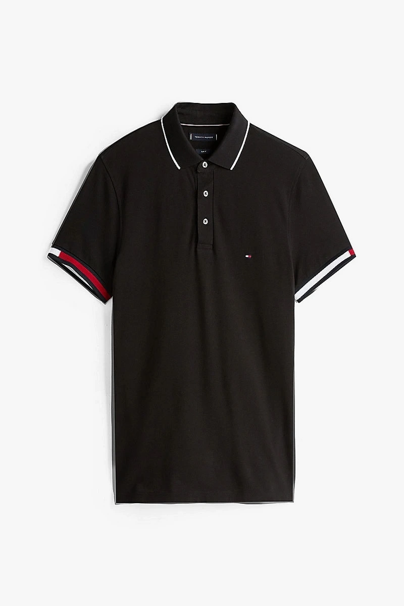 Tommy Hilfiger Erkek  İmza Manşetli   Siyah Polo T-Shirt