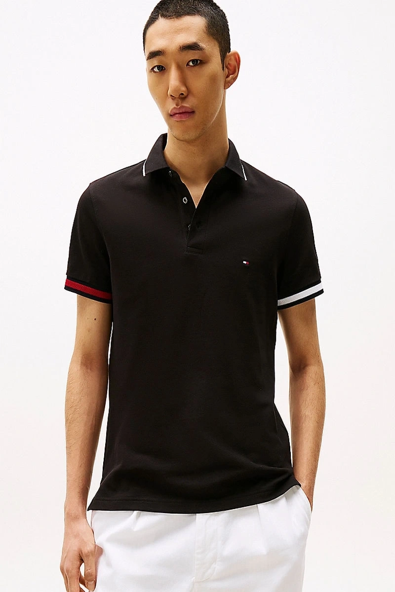 Tommy Hilfiger Erkek  İmza Manşetli   Siyah Polo T-Shirt