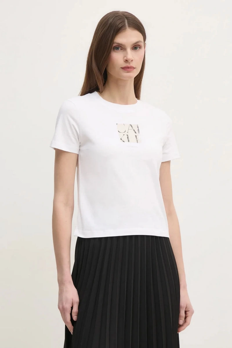 Calvin Klein Kadın Krem Grafik Baskılı Beyaz T-shirt