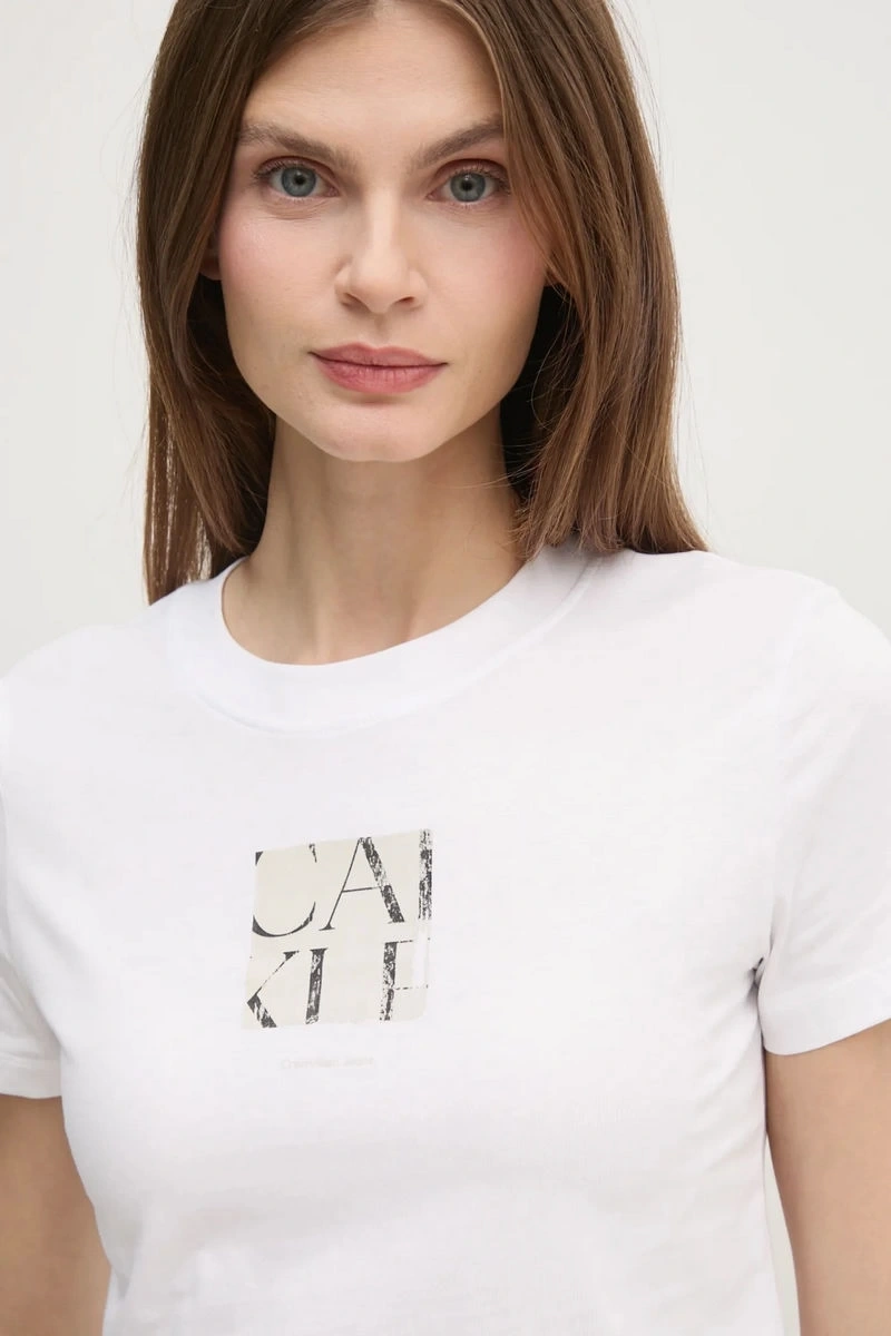 Calvin Klein Kadın Krem Grafik Baskılı Beyaz T-shirt