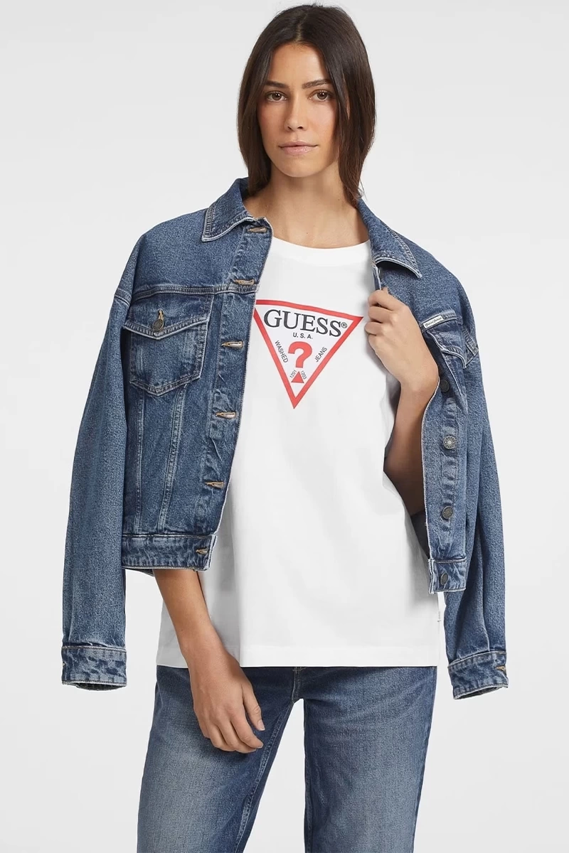 Guess Kadın Beyaz Oversize Bisiklet Yaka Pamuklu T-shirt